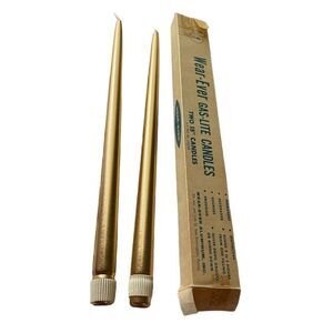 Vintage Wear-Ever set of two 15” gold taper candles in original packaging.